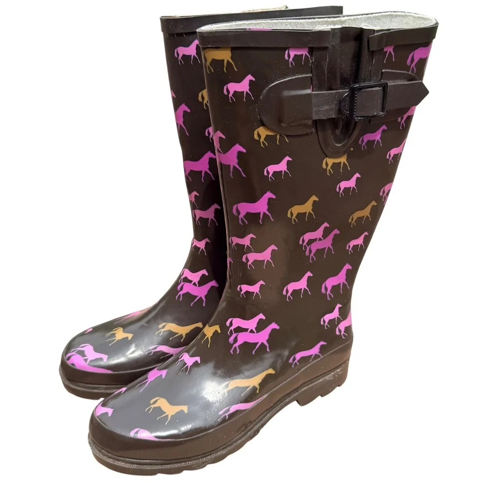 Western Chief Rain Boots Womens 6 Espresso Brown Rubber Horse Print Tall Western